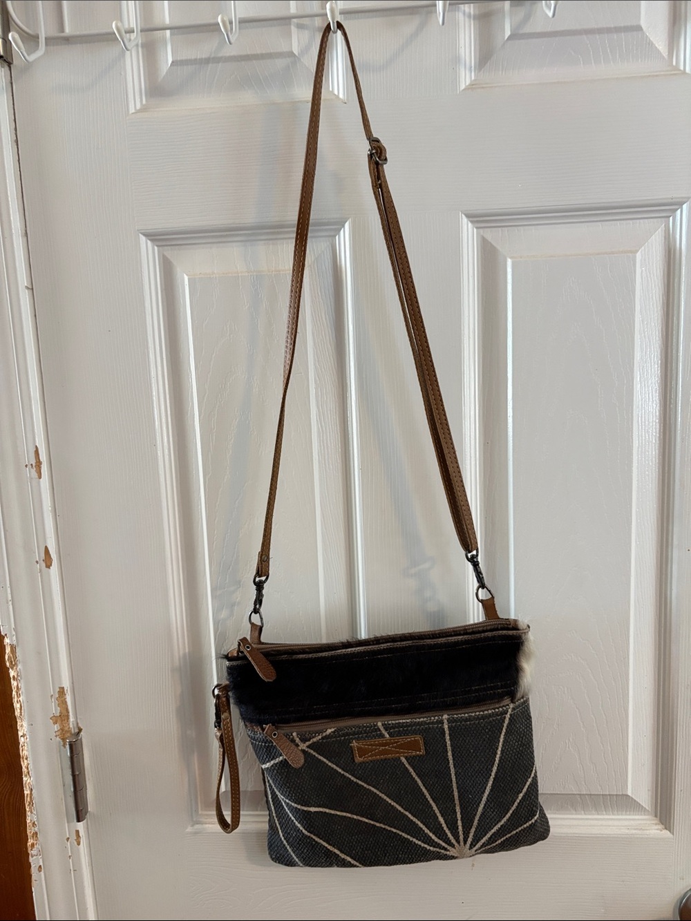 Myra Bag Brown & Black Patterned Canvas Crossbody or Clutch with Fur Trim